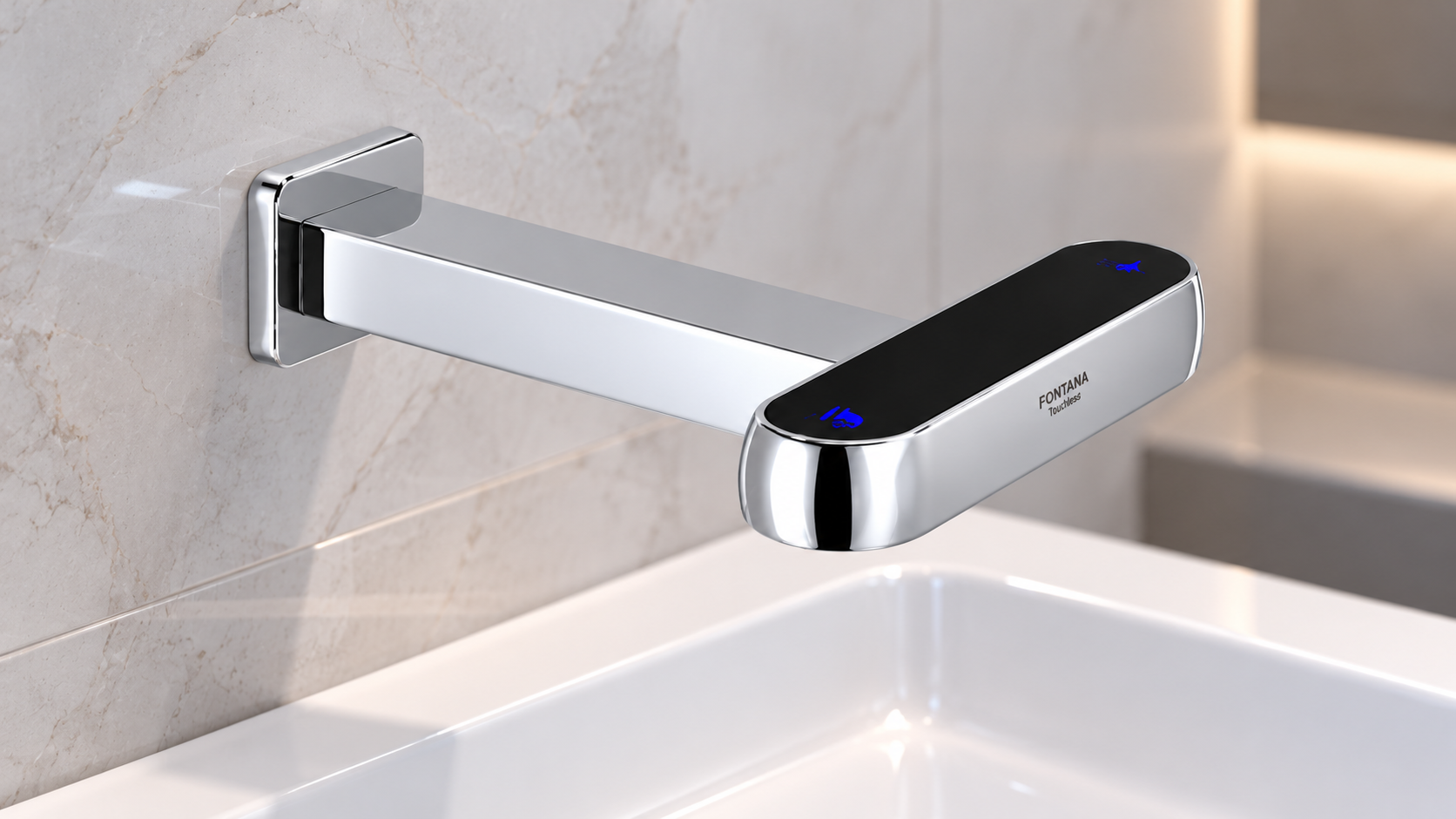 Fontana Favara black wall-mount touchless sensor faucet displaying rectangular spout geometry